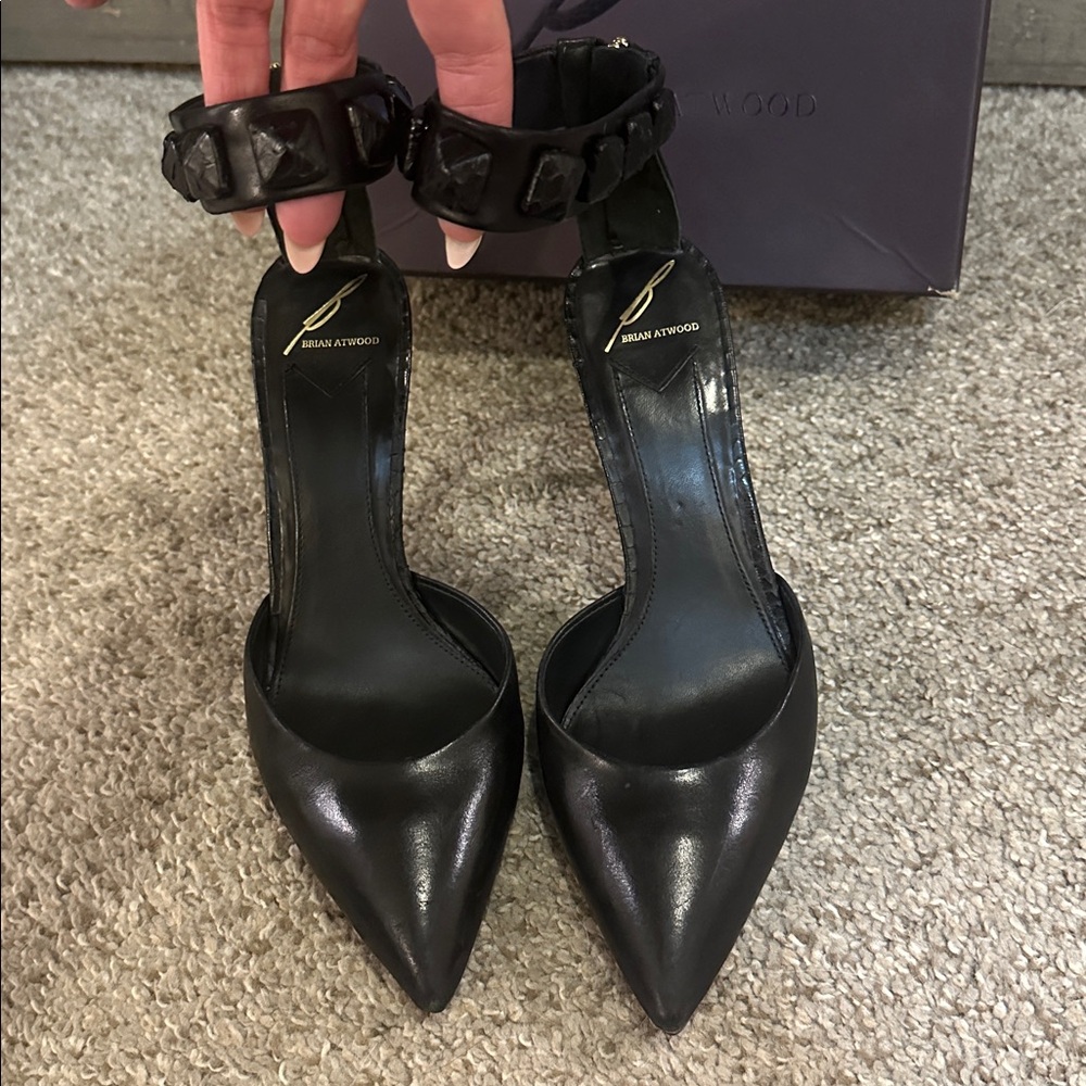 Brian Atwood Black Leather Studded Back Zip D'Orsay Ankle Band Stiletto's | 7.5